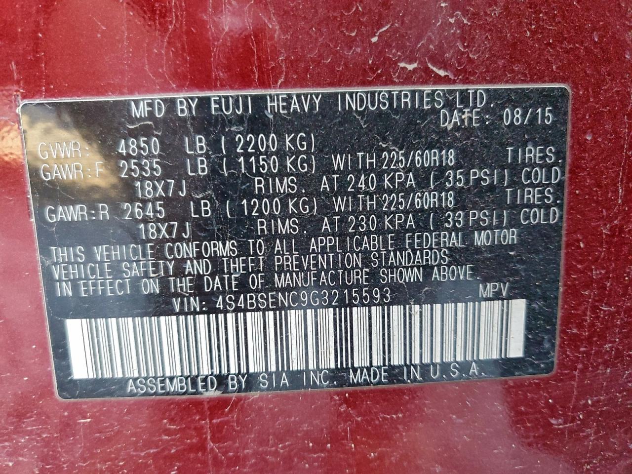 2016 Subaru Outback 3.6R Limited VIN: 4S4BSENC9G3215593 Lot: 94372645