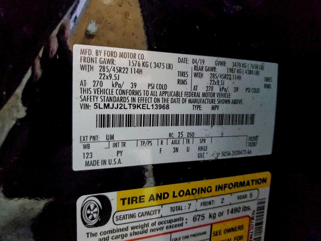 2019 Lincoln Navigator Reserve VIN: 5LMJJ2LT9KEL13968 Lot: 93313245