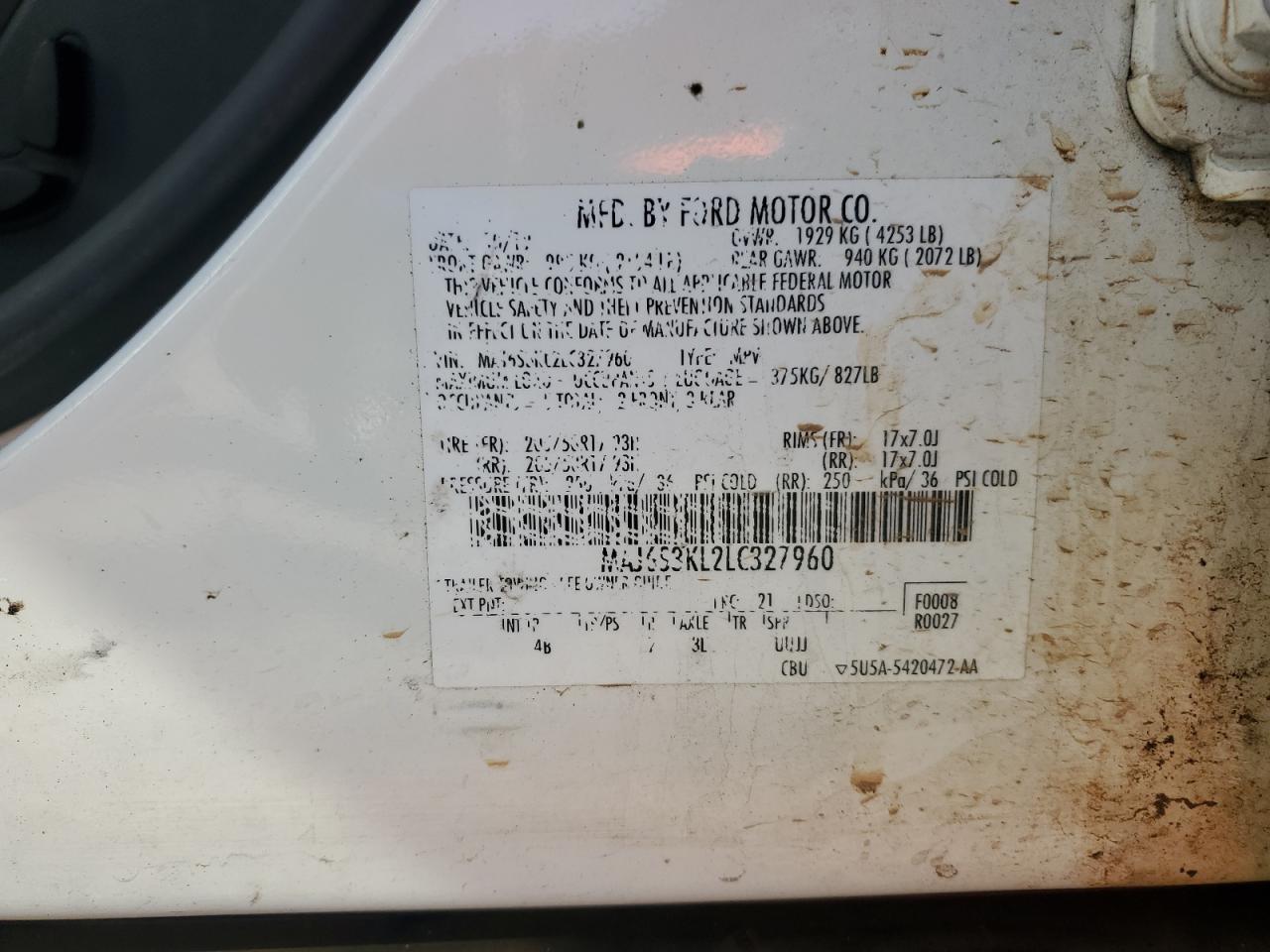 2020 Ford Ecosport Titanium VIN: MAJ6S3KL2LC327960 Lot: 90877005