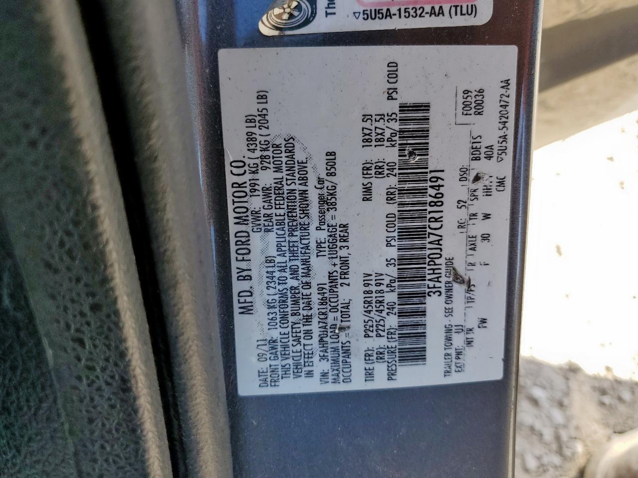 2012 Ford Fusion Sel VIN: 3FAHP0JA7CR186491 Lot: 91885945