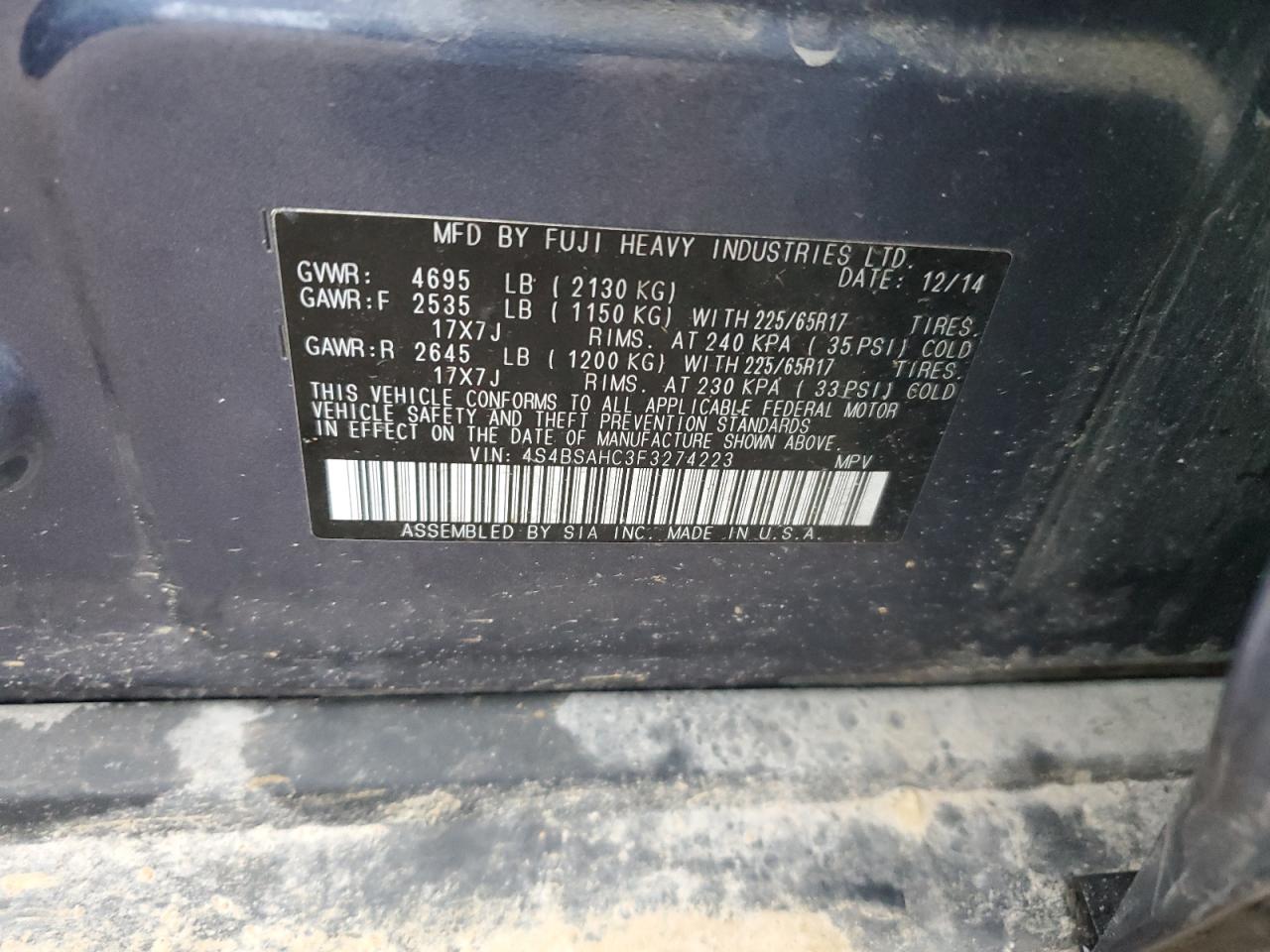 2015 Subaru Outback 2.5I Premium VIN: 4S4BSAHC3F3274223 Lot: 93192455