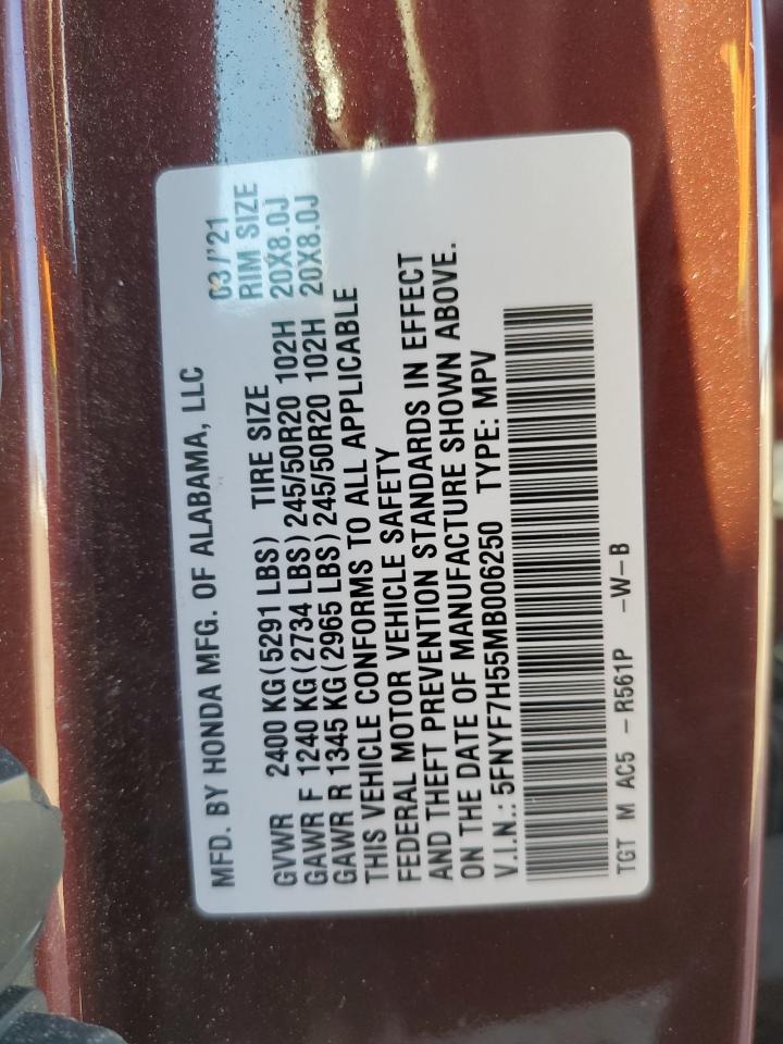 2021 Honda Passport Exl VIN: 5FNYF7H55MB006250 Lot: 91273005