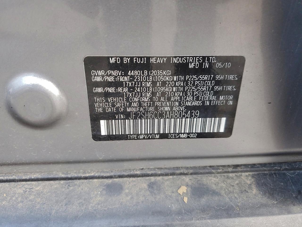 2010 Subaru Forester 2.5X Premium VIN: JF2SH6CC3AH805439 Lot: 94176265