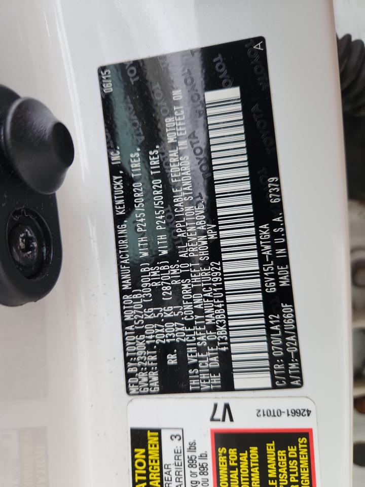 2015 Toyota Venza Le VIN: 4T3BK3BB4FU119922 Lot: 91970125