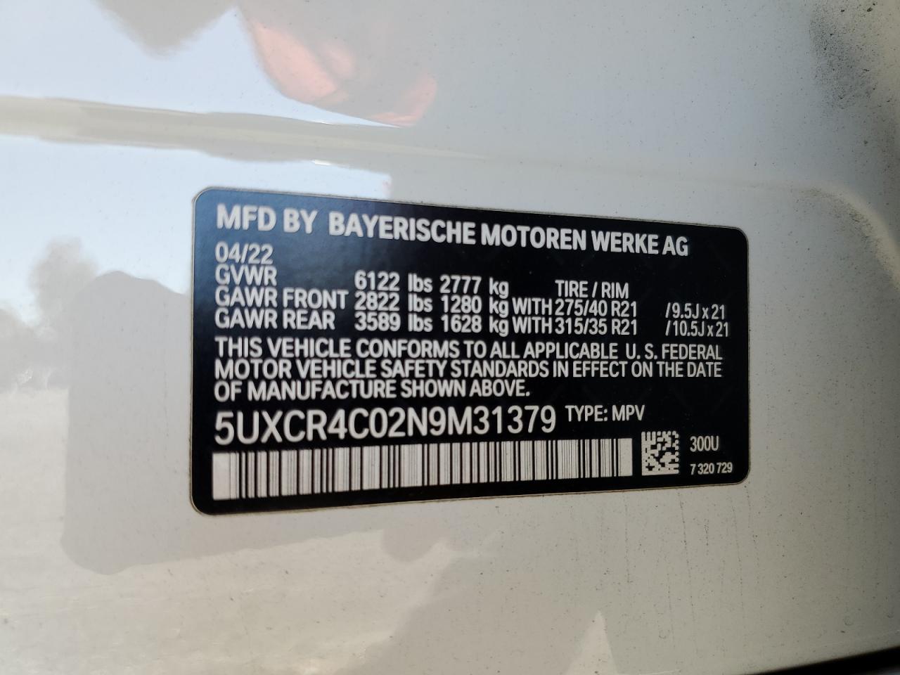 2022 BMW X5 Sdrive 40I VIN: 5UXCR4C02N9M31379 Lot: 91814065