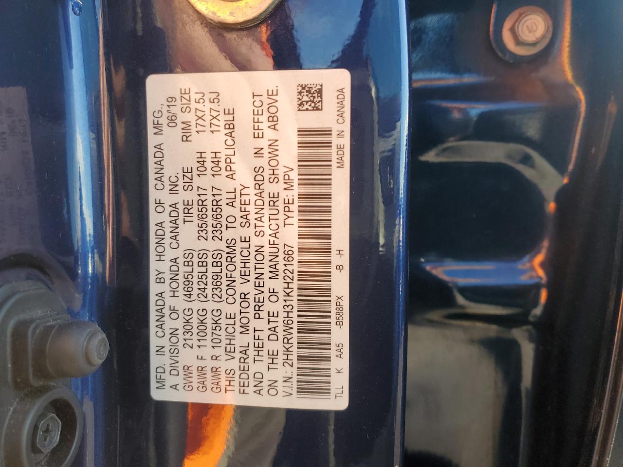 2019 Honda Cr-V Lx VIN: 2HKRW6H31KH221667 Lot: 91839145