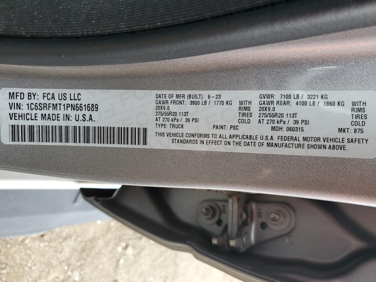 2023 Ram 1500 Big Horn/Lone Star VIN: 1C6SRFMT1PN661689 Lot: 92295005