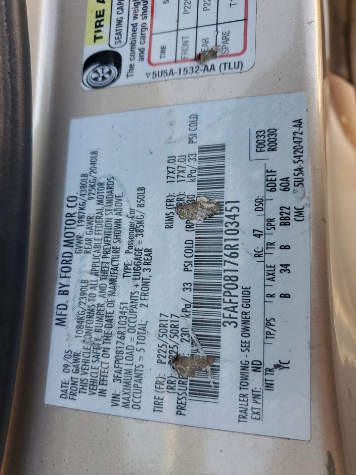 2006 Ford Fusion Sel VIN: 3FAFP08176R103451 Lot: 91686335