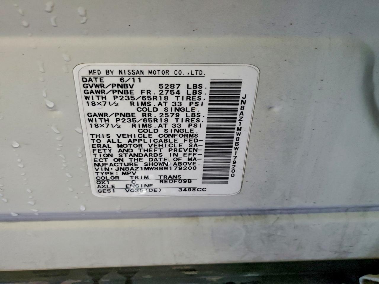 2011 Nissan Murano S VIN: JN8AZ1MW8BW179200 Lot: 92105285