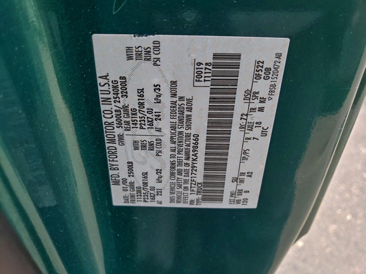 2000 Ford F150 VIN: 1FTZF1729YKA98660 Lot: 92765445