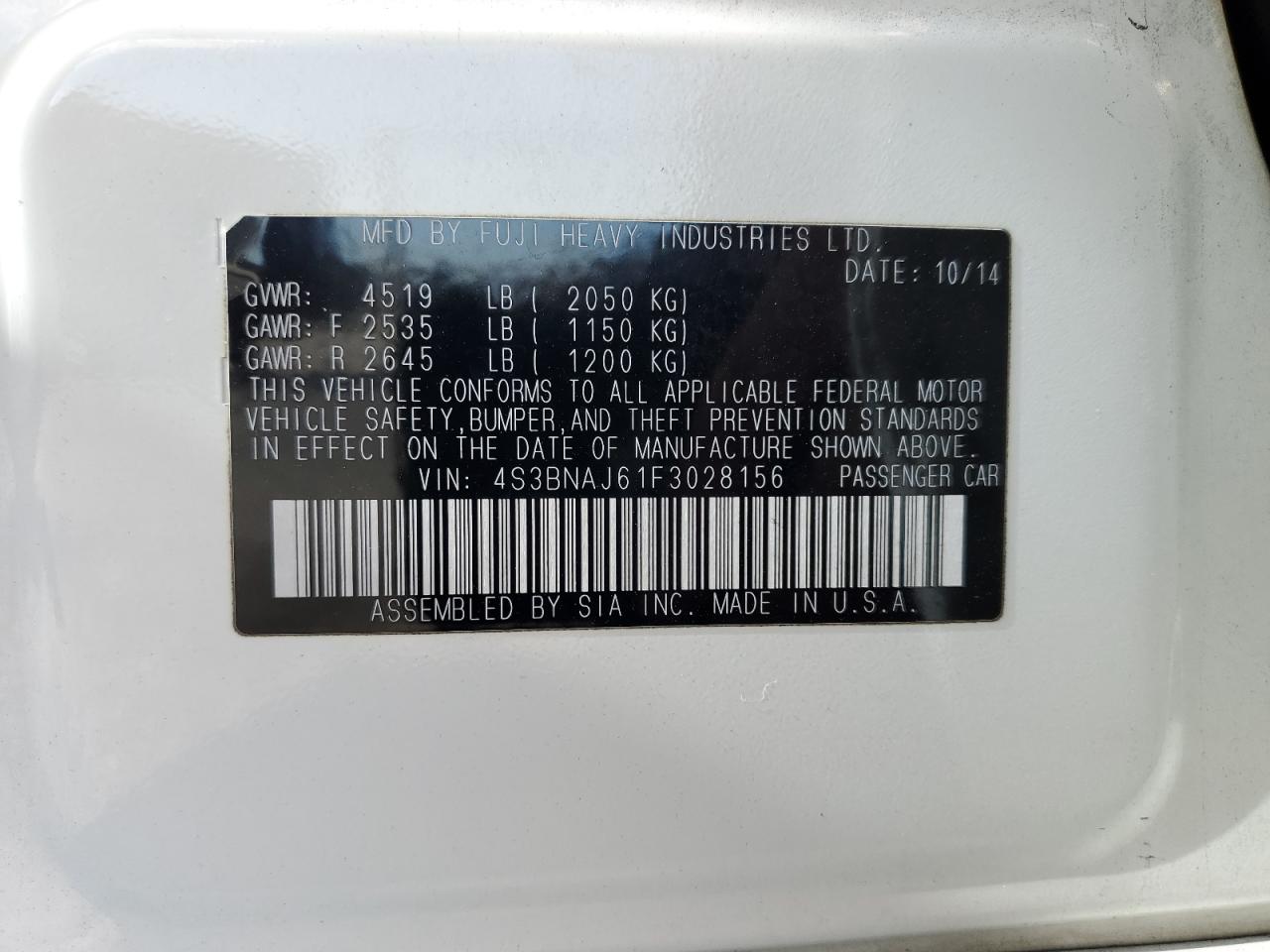 2015 Subaru Legacy 2.5I Limited VIN: 4S3BNAJ61F3028156 Lot: 93652185