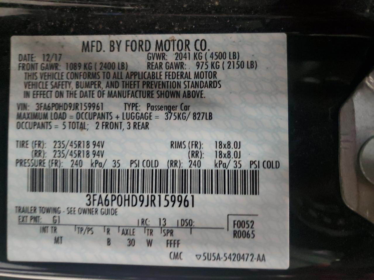 2018 Ford Fusion Se VIN: 3FA6P0HD9JR159961 Lot: 91865495