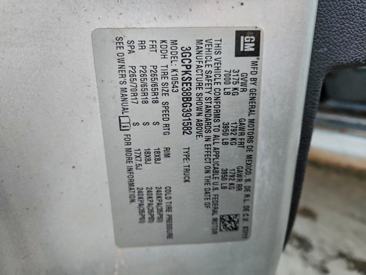 2011 Chevrolet Silverado K1500 Lt VIN: 3GCPKSE38BG391582 Lot: 94245135