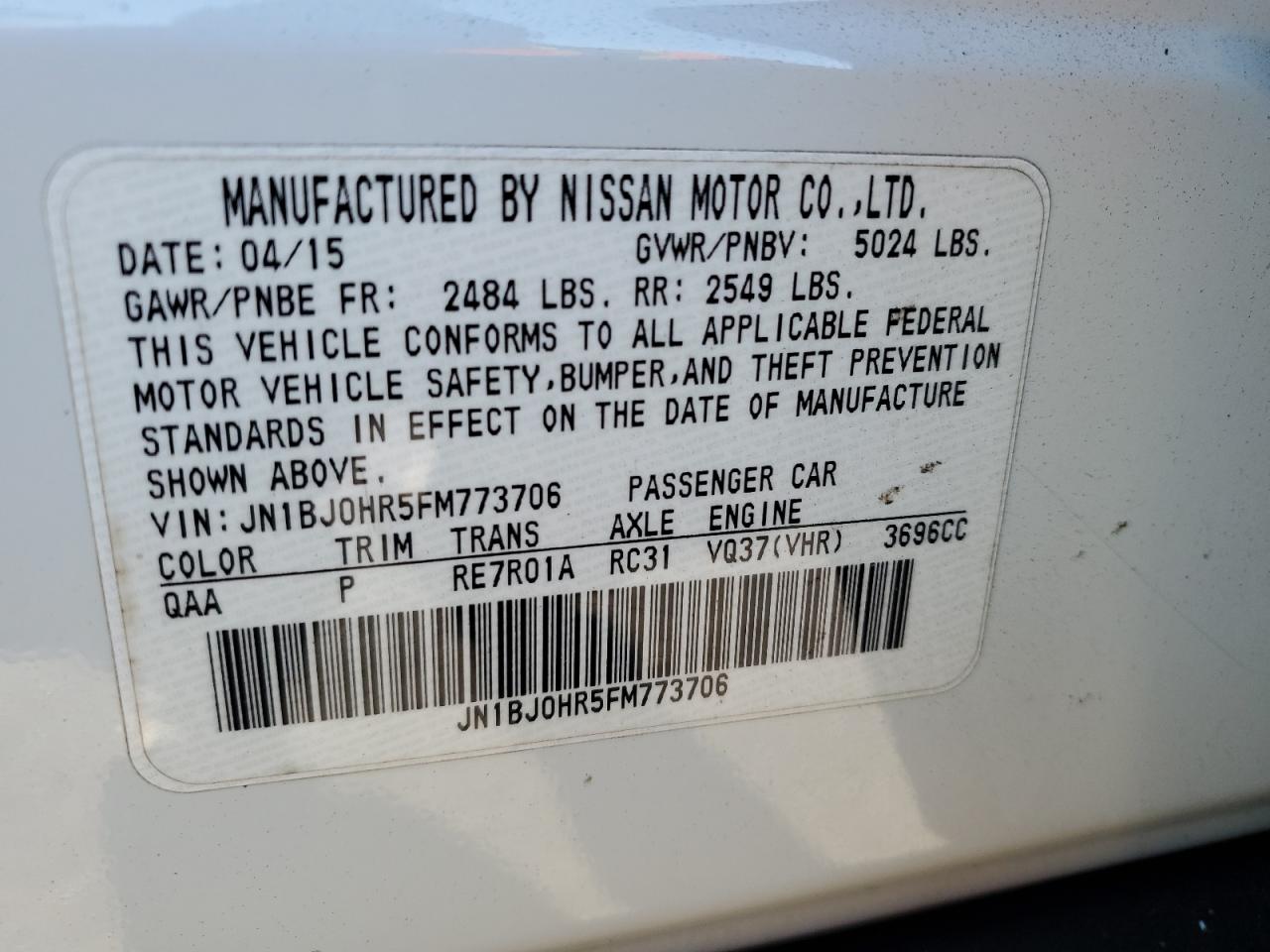 2015 Infiniti Qx50 VIN: JN1BJ0HR5FM773706 Lot: 82766195