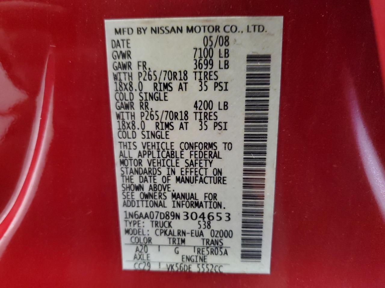 2009 Nissan Titan Xe VIN: 1N6AA07D89N304653 Lot: 92578245