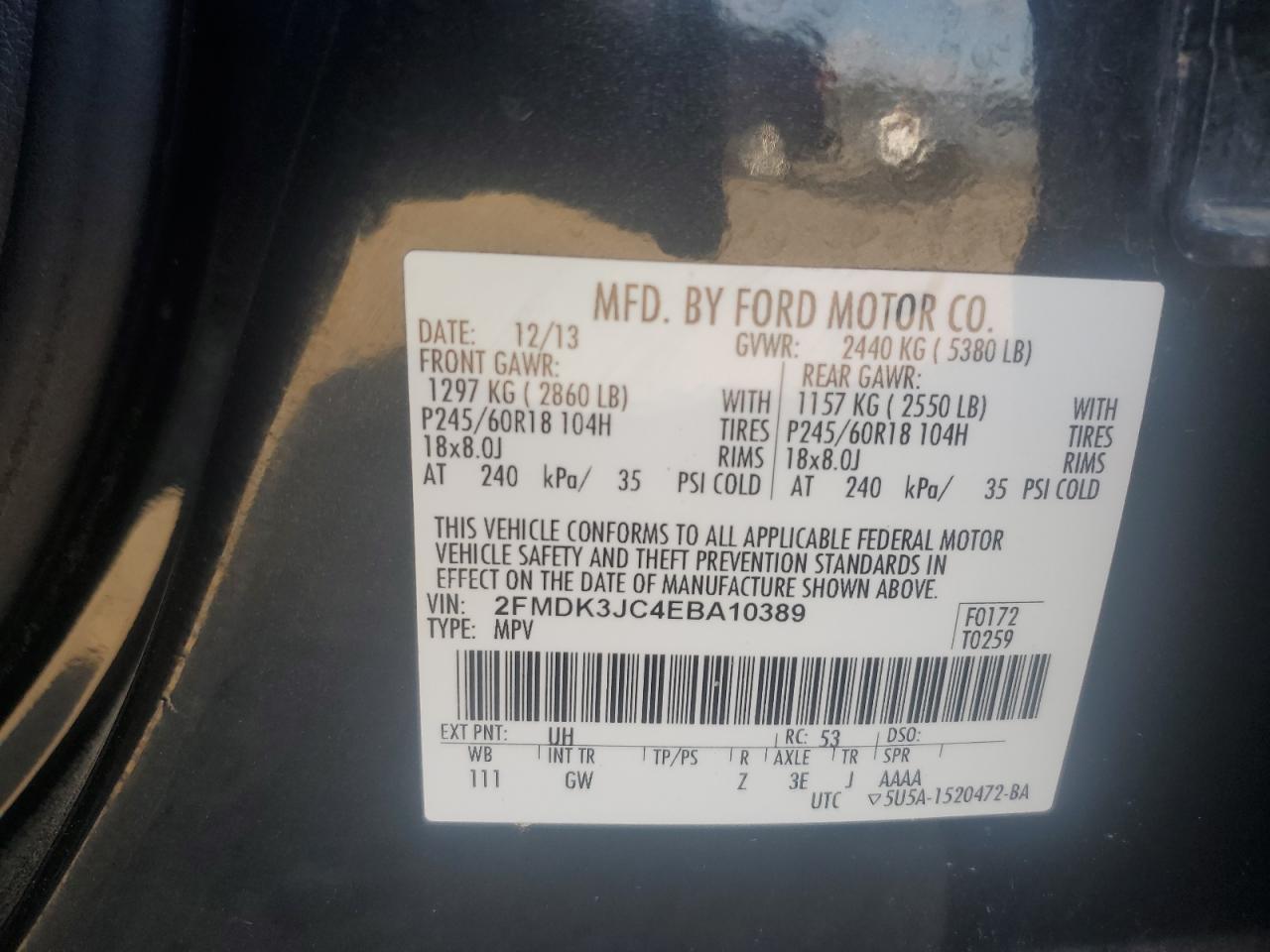 2014 Ford Edge Sel VIN: 2FMDK3JC4EBA10389 Lot: 93101565