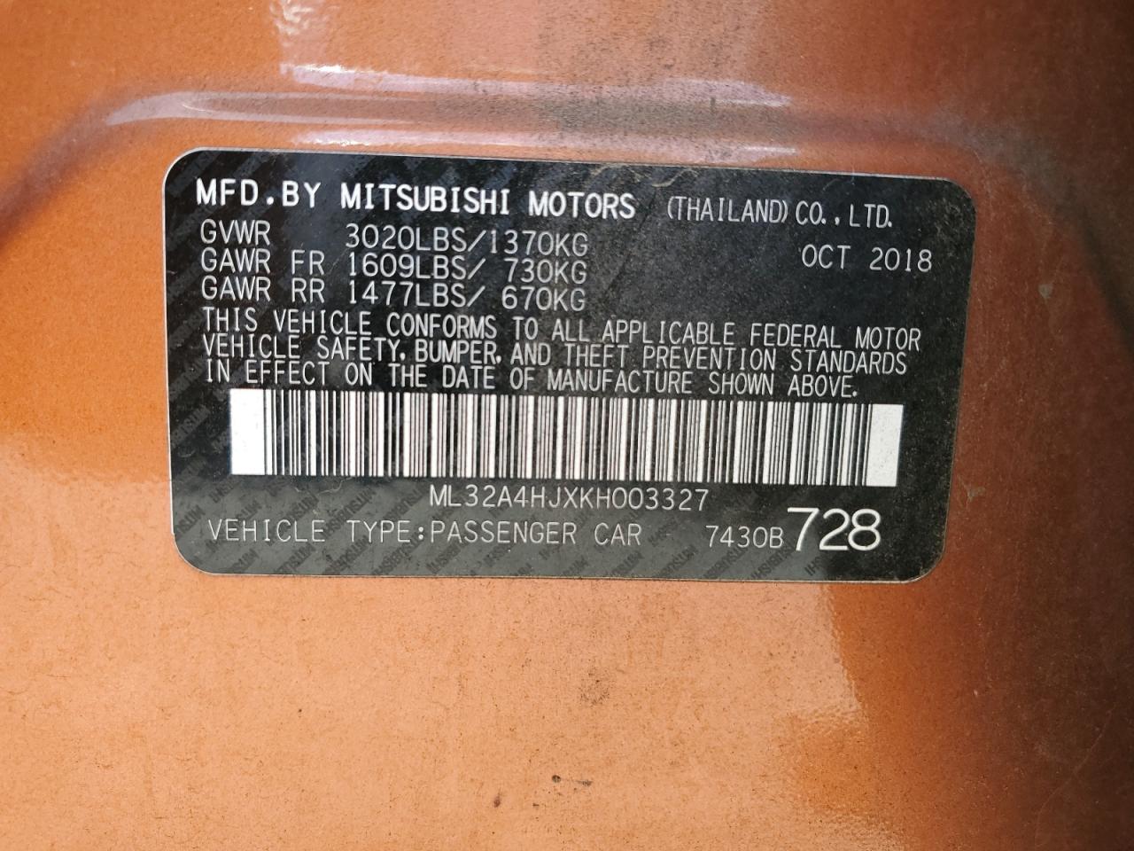 2019 Mitsubishi Mirage Se VIN: ML32A4HJXKH003327 Lot: 92083305