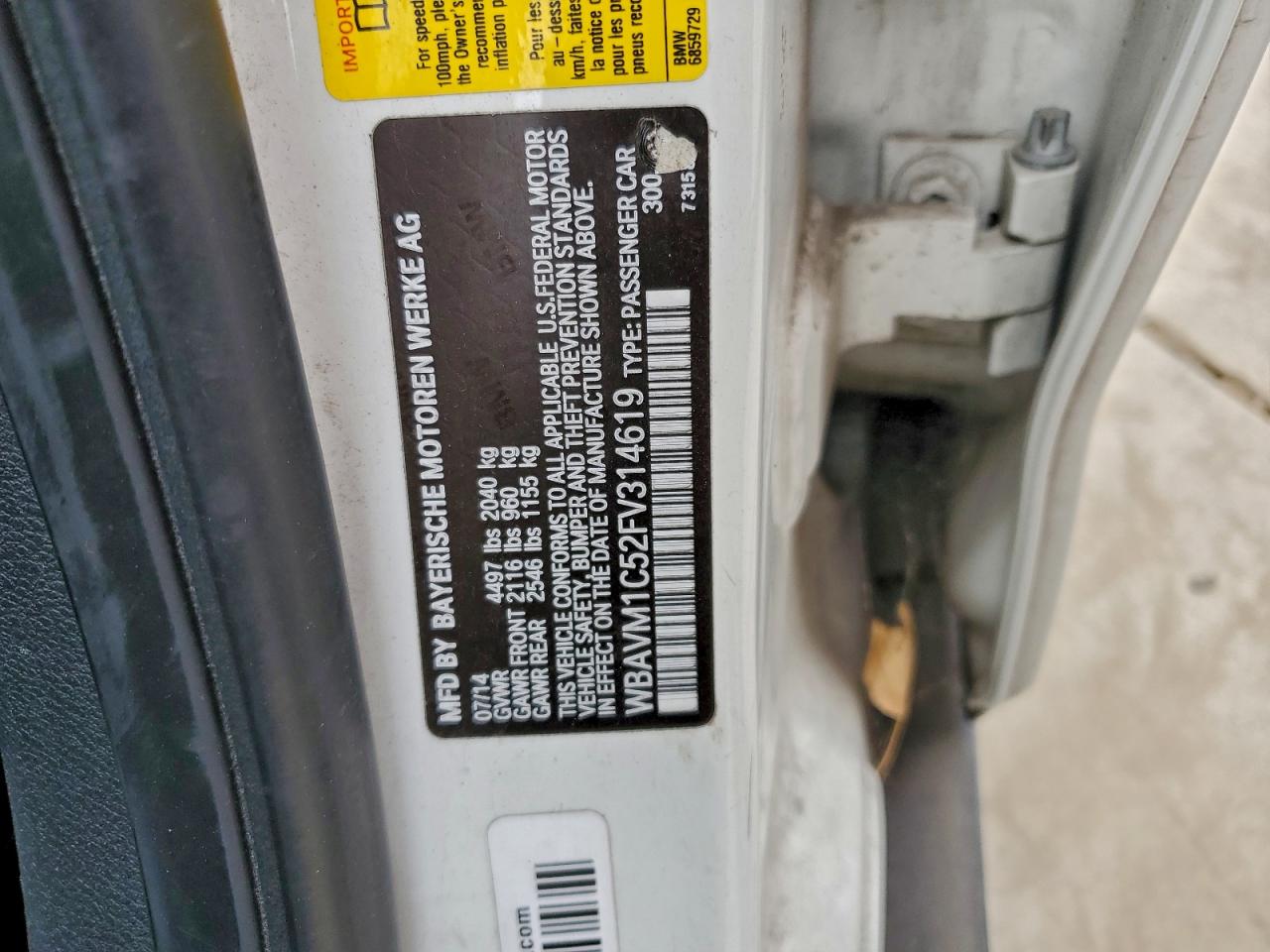 2015 BMW X1 Sdrive28I VIN: WBAVM1C52FV314619 Lot: 93716805