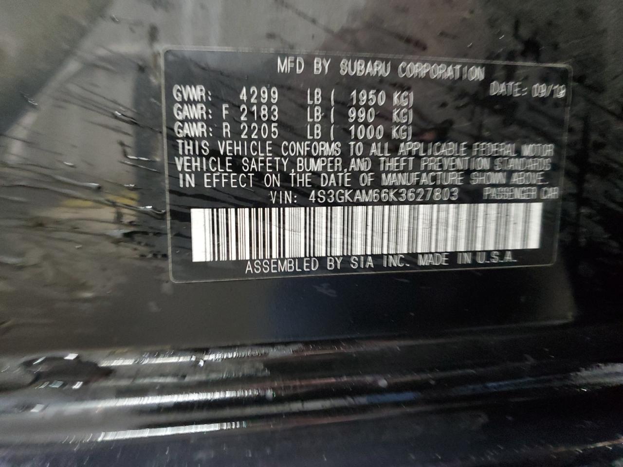 2019 Subaru Impreza Sport VIN: 4S3GKAM66K3627803 Lot: 92283795