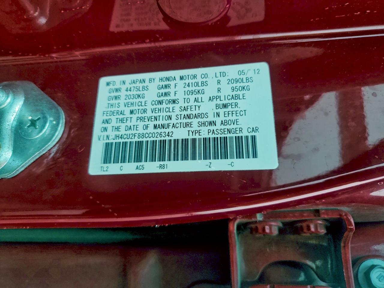 2012 Acura Tsx Se VIN: JH4CU2F88CC026342 Lot: 93595075