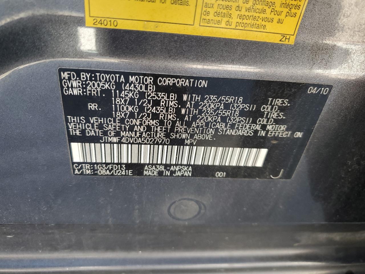 2010 Toyota Rav4 Sport VIN: JTMWF4DV0A5027970 Lot: 91676985