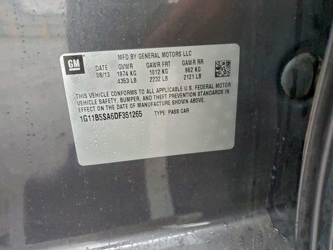 2013 Chevrolet Malibu Ls VIN: 1G11B5SA6DF351265 Lot: 93387485