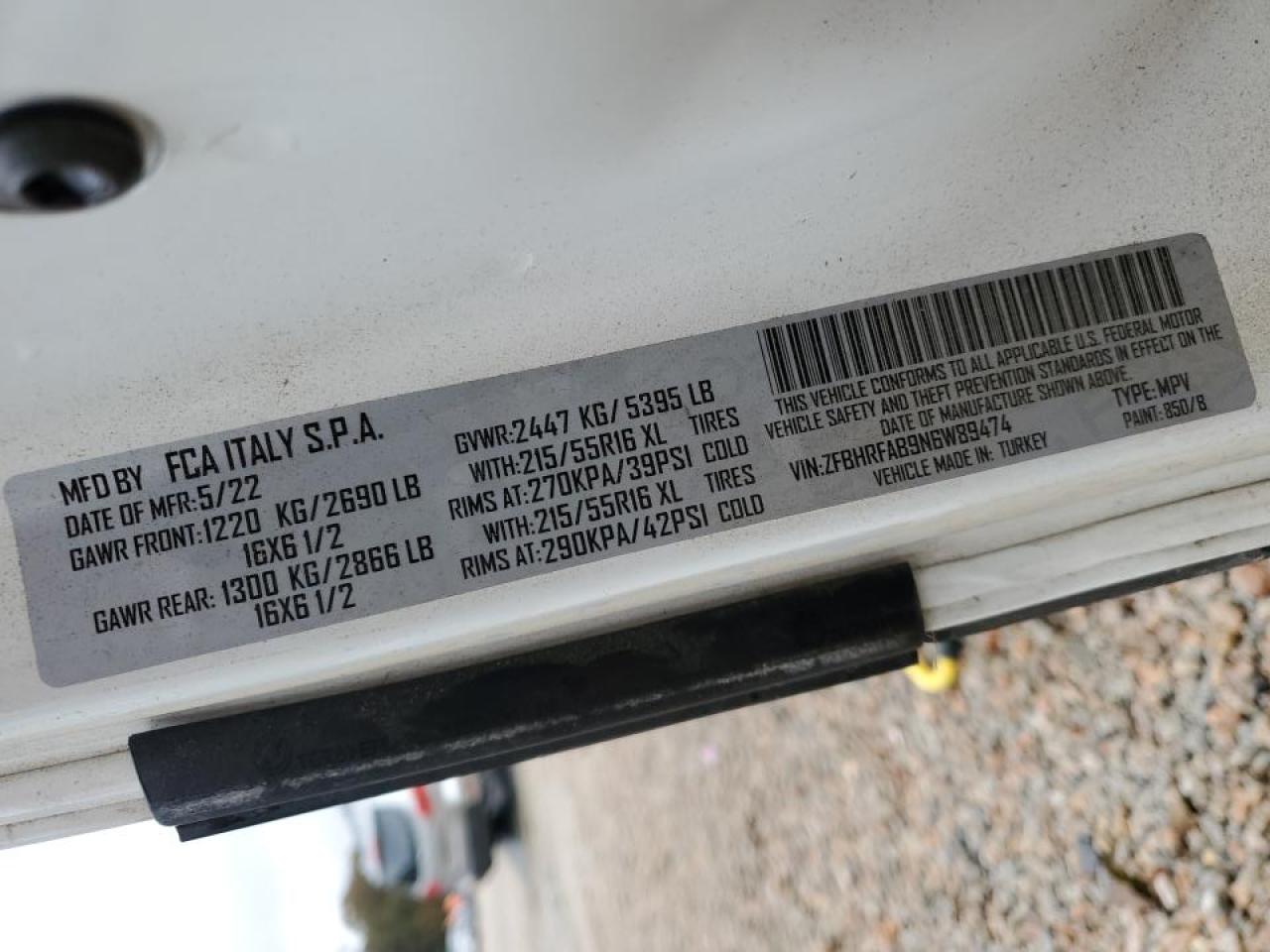 2022 Ram Promaster City Utility / Service Van VIN: ZFBHRFAB9N6W89474 Lot: 91183165