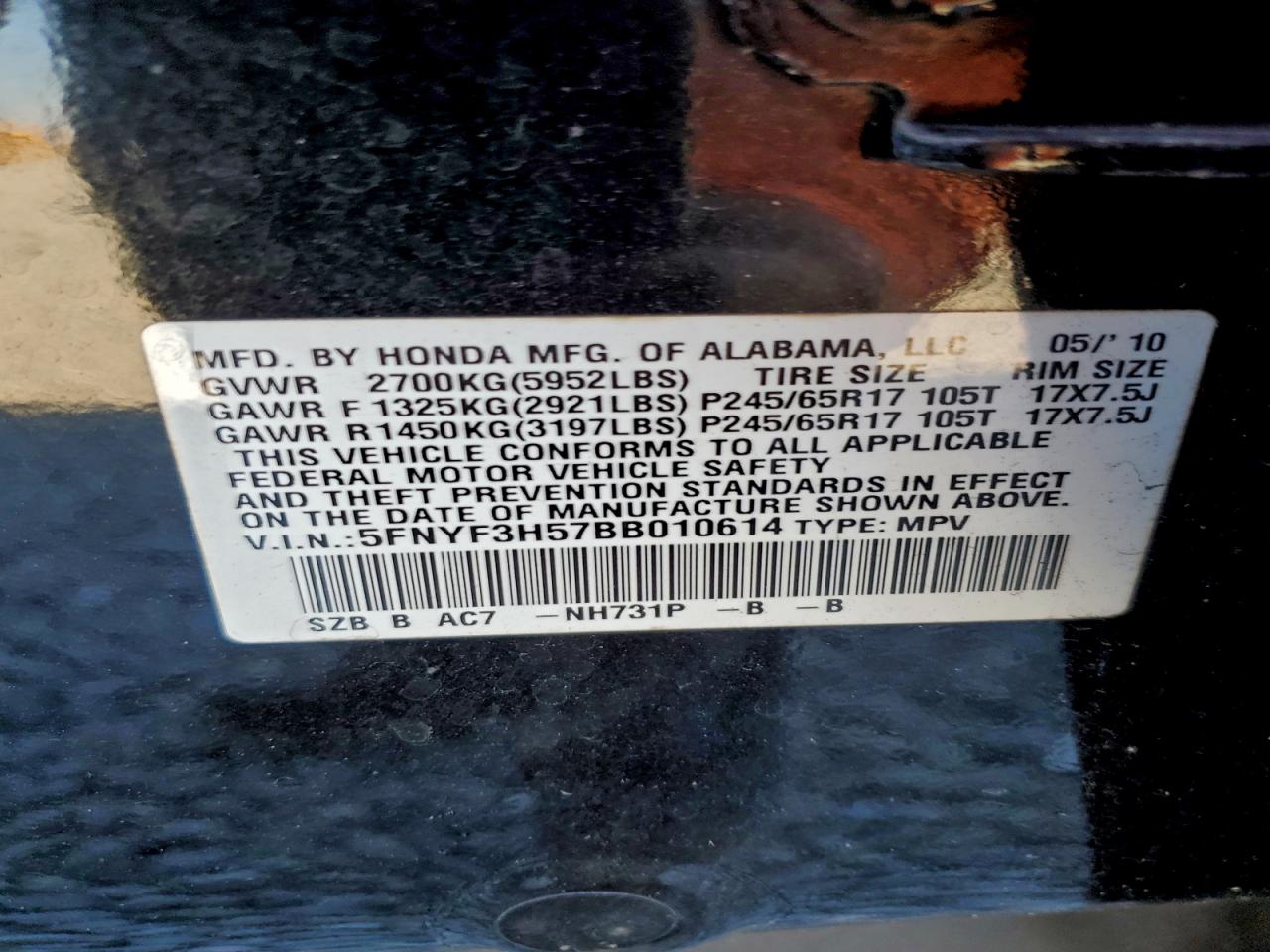 2011 Honda Pilot Exl VIN: 5FNYF3H57BB010614 Lot: 94024375