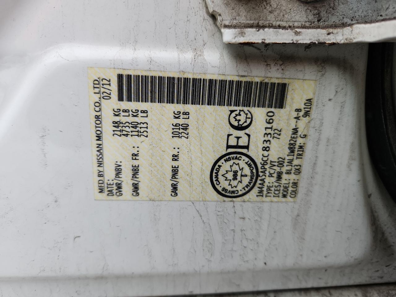 2012 Nissan Maxima S VIN: 1N4AA5AP6CC833160 Lot: 93327625