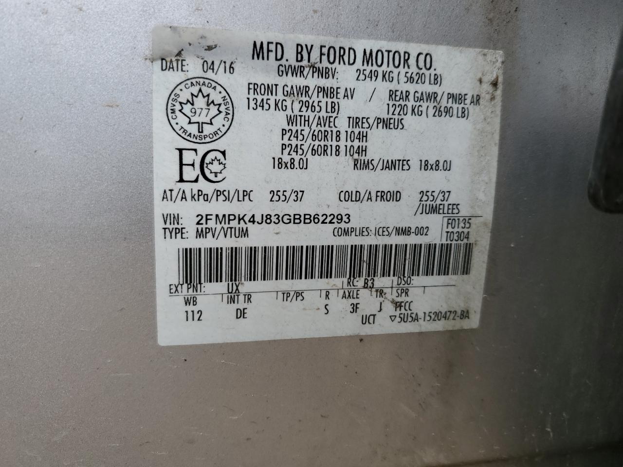 2016 Ford Edge Sel VIN: 2FMPK4J83GBB62293 Lot: 91227985