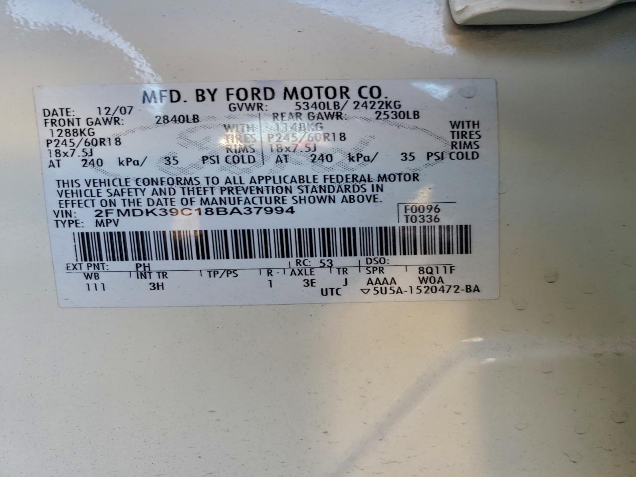 2008 Ford Edge Limited VIN: 2FMDK49C98BB33703 Lot: 94297715