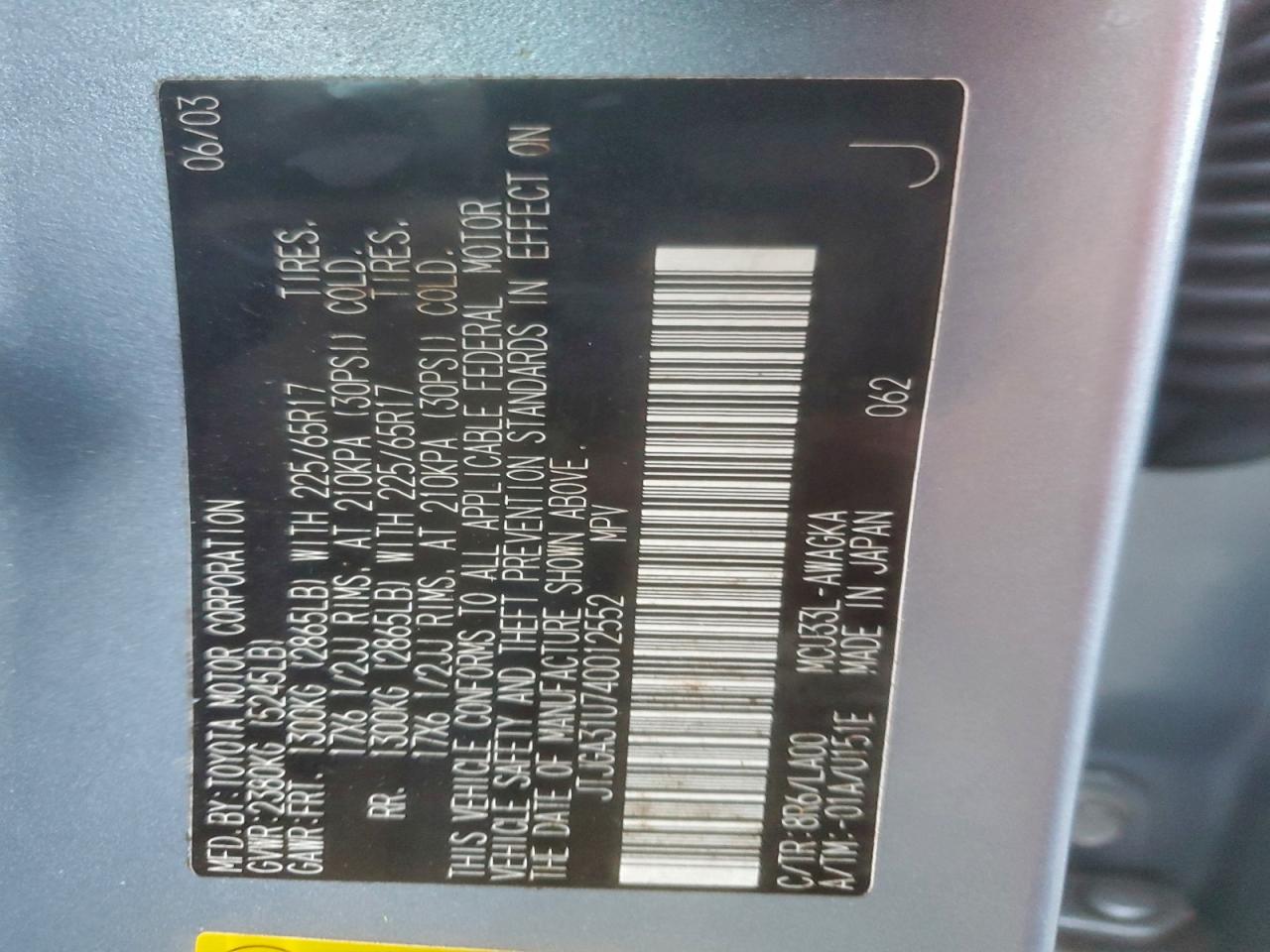 2004 Lexus Rx 330 VIN: JTJGA31U740012552 Lot: 94404585