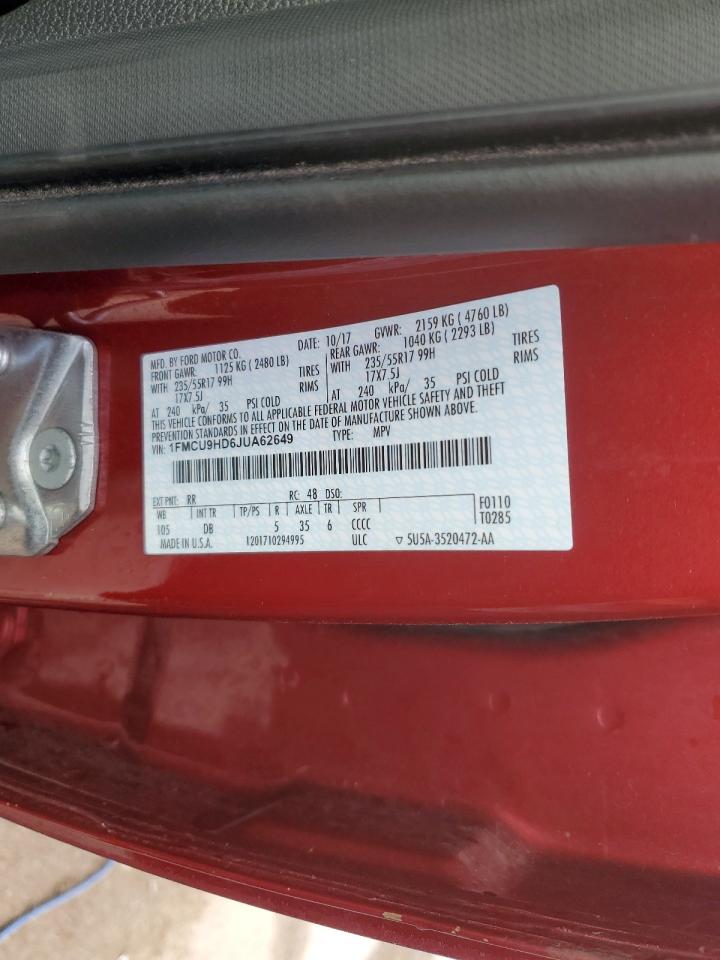 2018 Ford Escape Sel VIN: 1FMCU9HD6JUA62649 Lot: 93666325