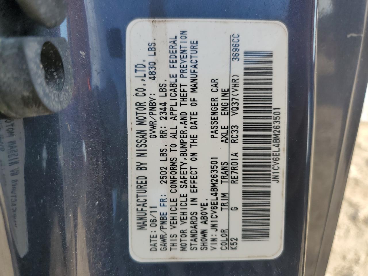 2011 Infiniti G37 VIN: JN1CV6EL4BM263501 Lot: 91243255