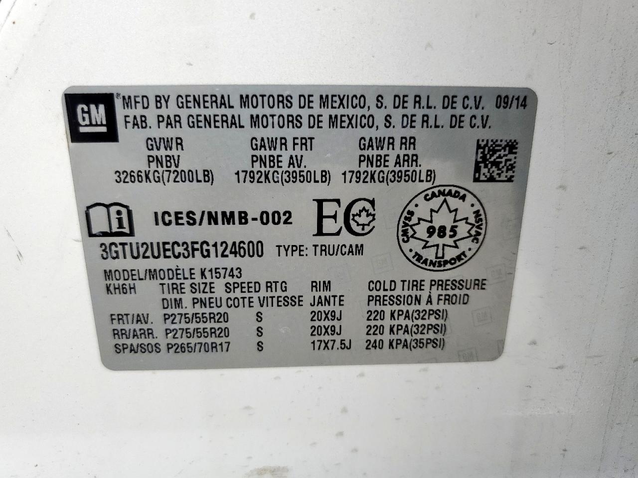 2015 GMC Sierra K1500 Sle VIN: 3GTU2UEC3FG124600 Lot: 93521445