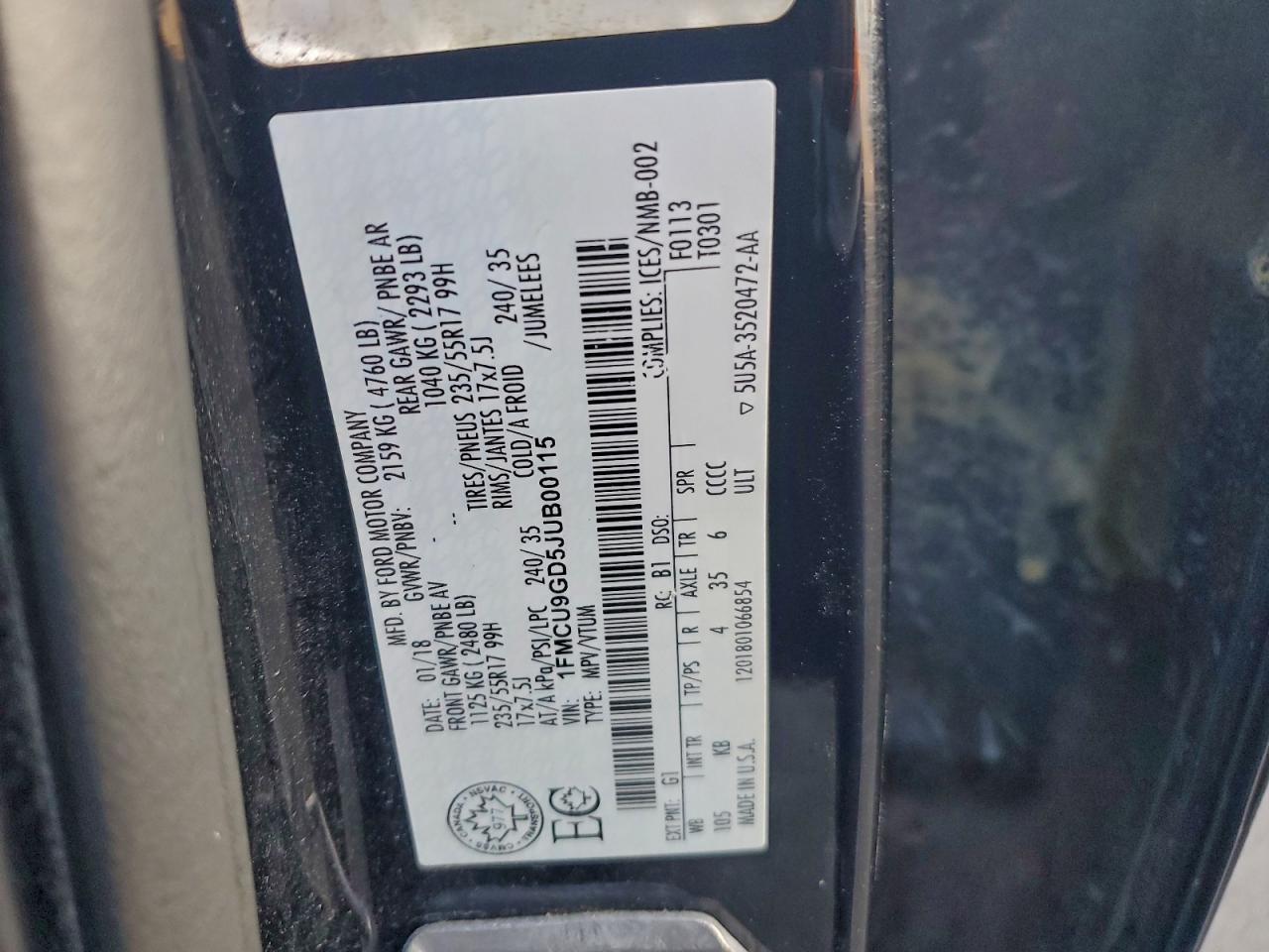 2018 Ford Escape Se VIN: 1FMCU9GD5JUB00115 Lot: 94277535