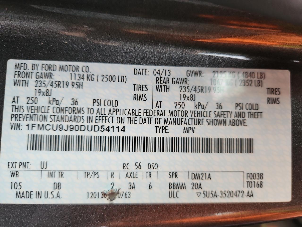 2013 Ford Escape Titanium VIN: 1FMCU9J90DUD54114 Lot: 93060425