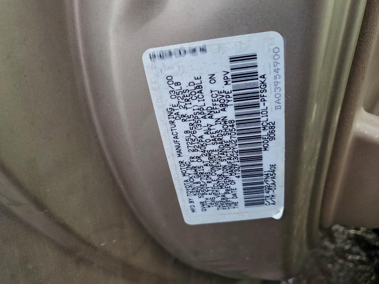 2000 Toyota Sienna Le VIN: 4T3ZF13C2YU270548 Lot: 94310665