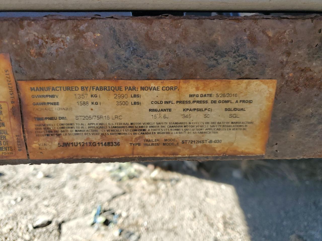 2016 Sure Trac St7212Hst-B-030 Utility Trailer VIN: 5JW1U121XG1118336 Lot: 91616615