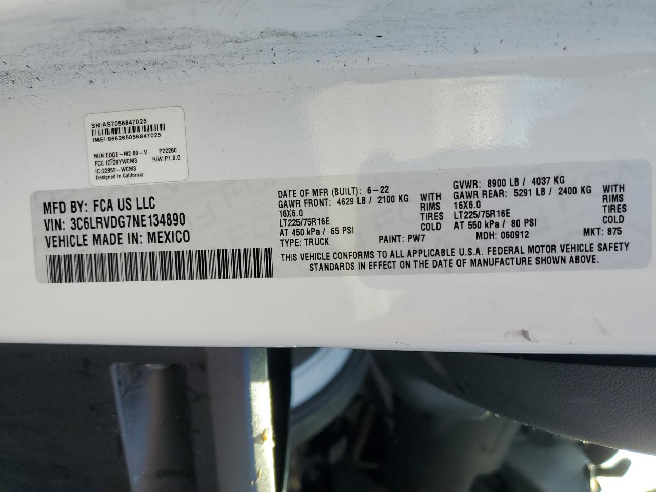 2022 Ram Promaster 2500 Delivery Van VIN: 3C6LRVDG7NE134890 Lot: 91930785