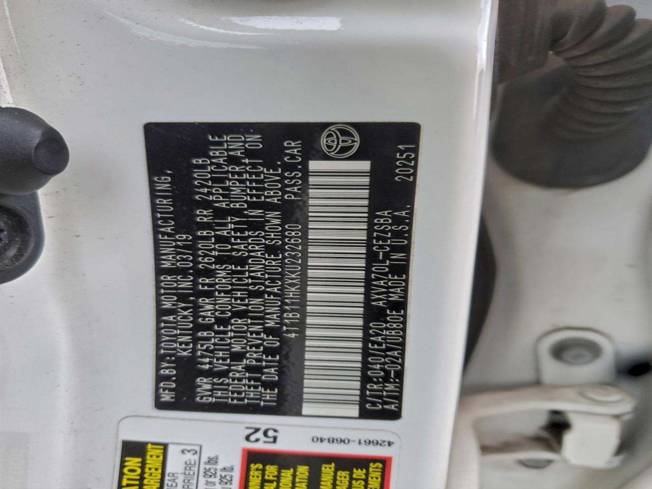 2019 Toyota Camry L VIN: 4T1B11HKXKU232680 Lot: 94089945