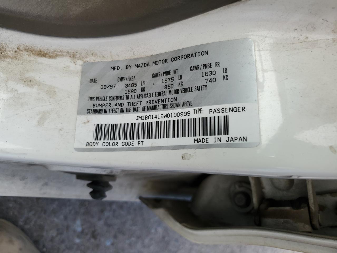 1998 Mazda Protege Dx VIN: JM1BC1416W0190999 Lot: 91886305