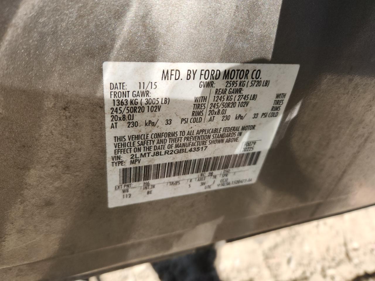 2016 Lincoln Mkx Reserve VIN: 2LMTJ8LR2GBL43517 Lot: 92486965