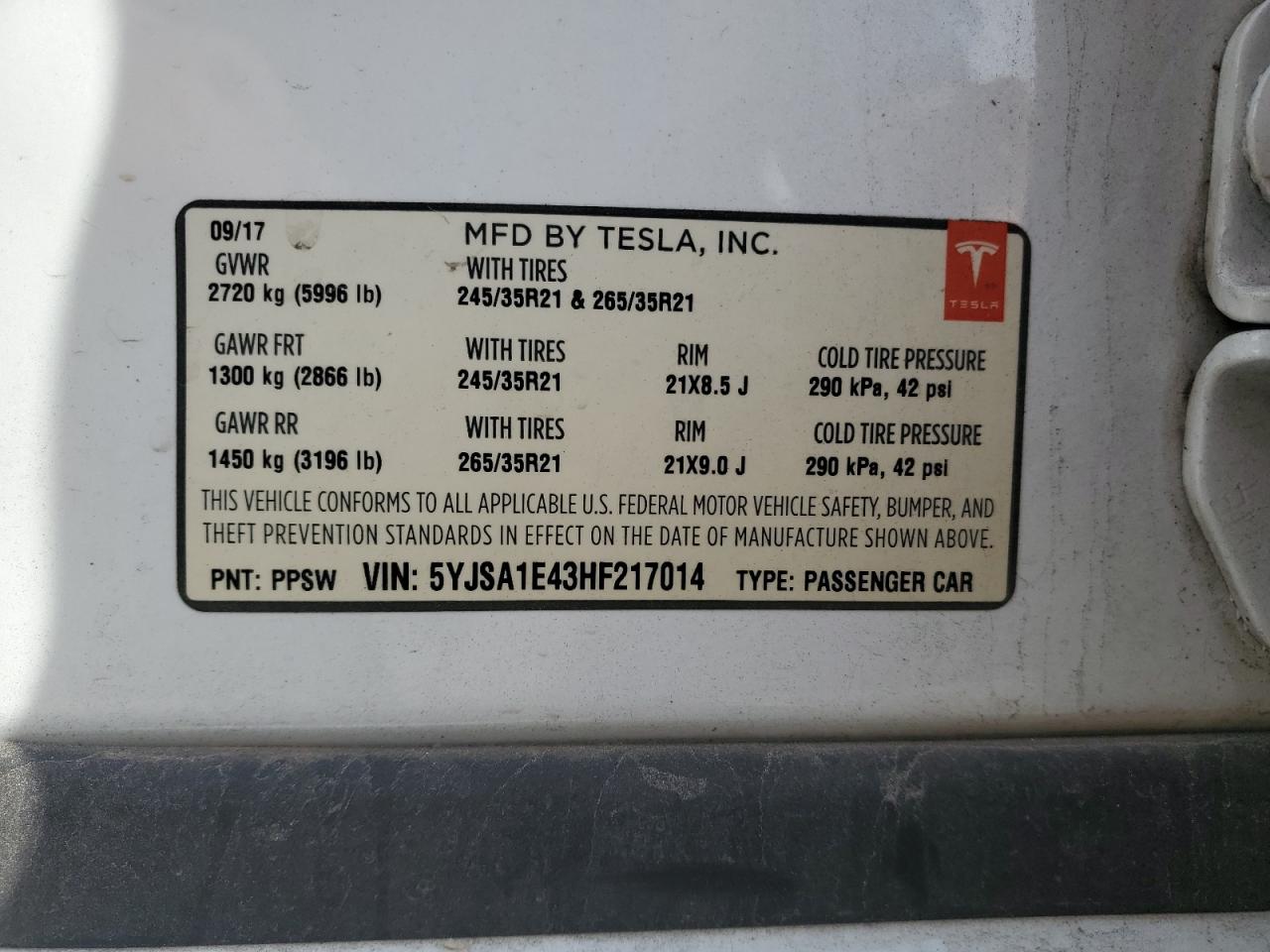 2017 Tesla Model S VIN: 5YJSA1E43HF217014 Lot: 85428875