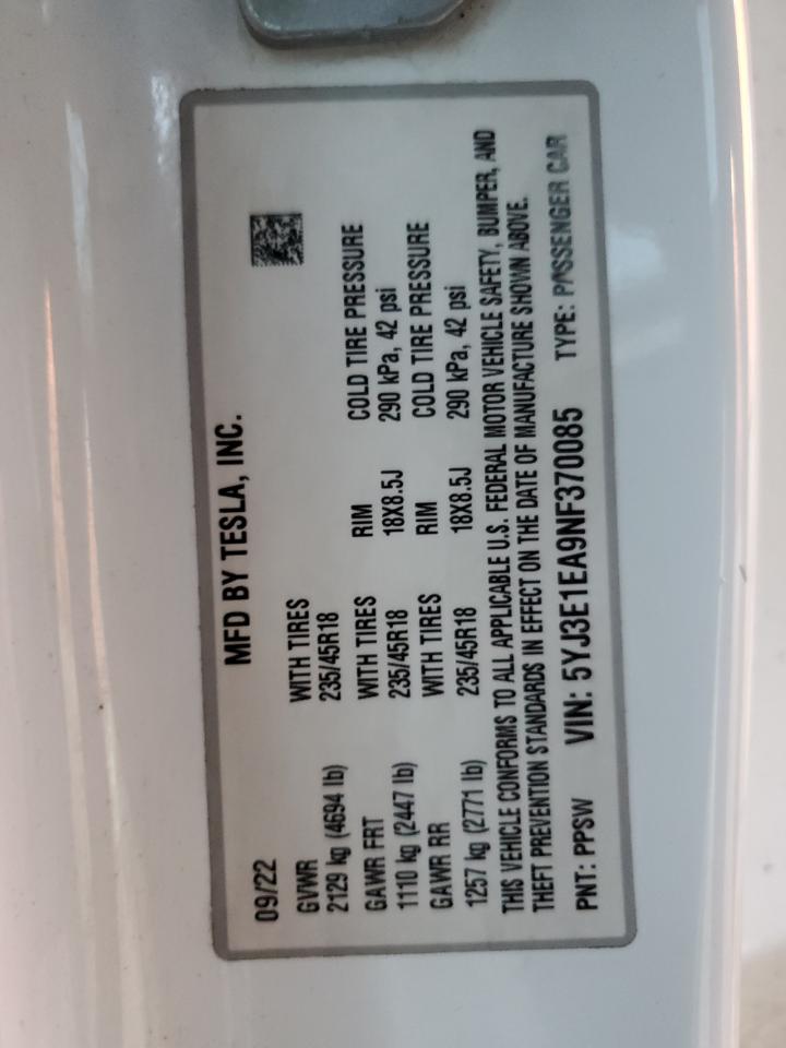 2022 Tesla Model 3 VIN: 5YJ3E1EA9NF370085 Lot: 92483055