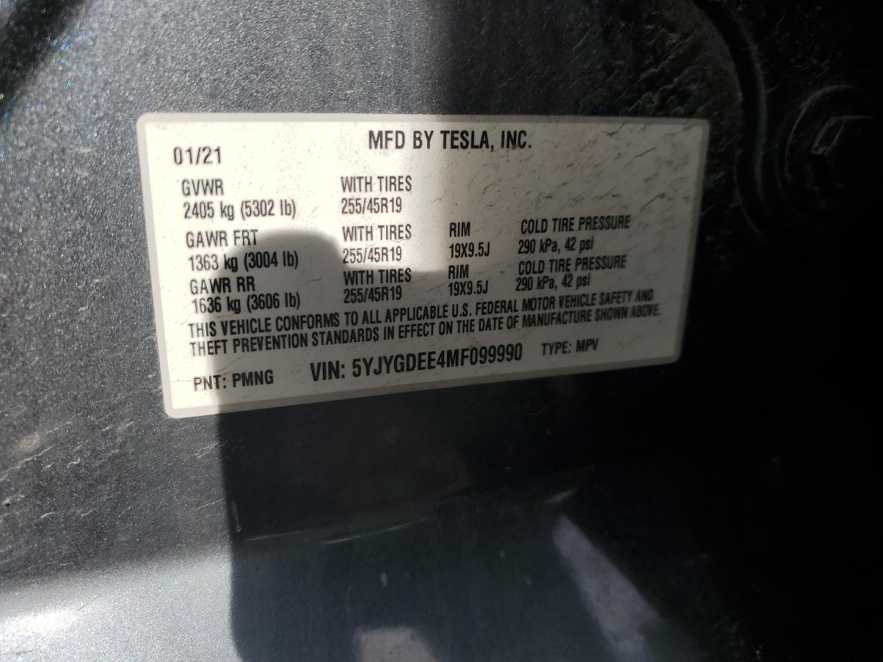 2021 Tesla Model Y VIN: 5YJYGDEE4MF099990 Lot: 91219345