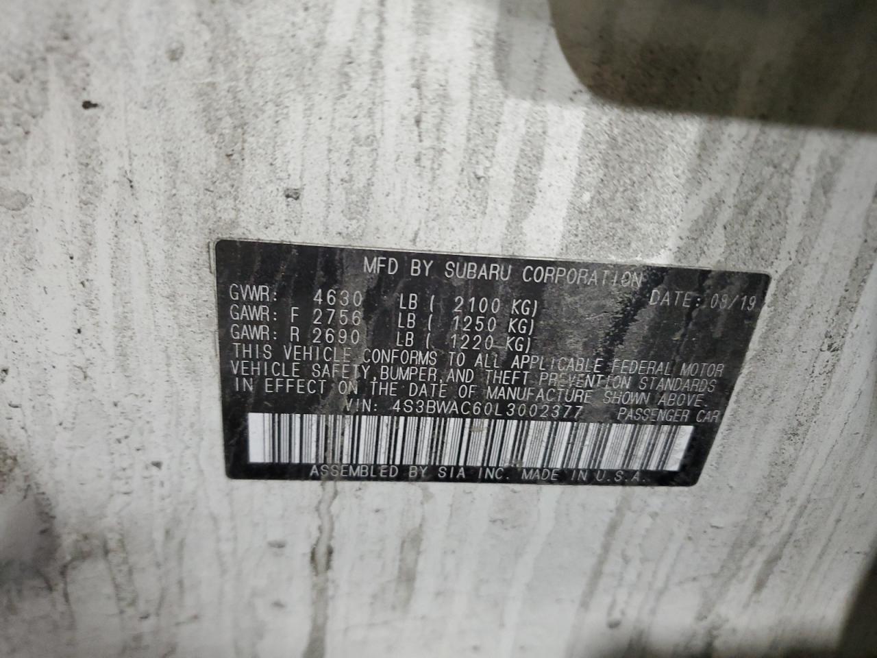 2020 Subaru Legacy Premium VIN: 4S3BWAC60L3002377 Lot: 89917985