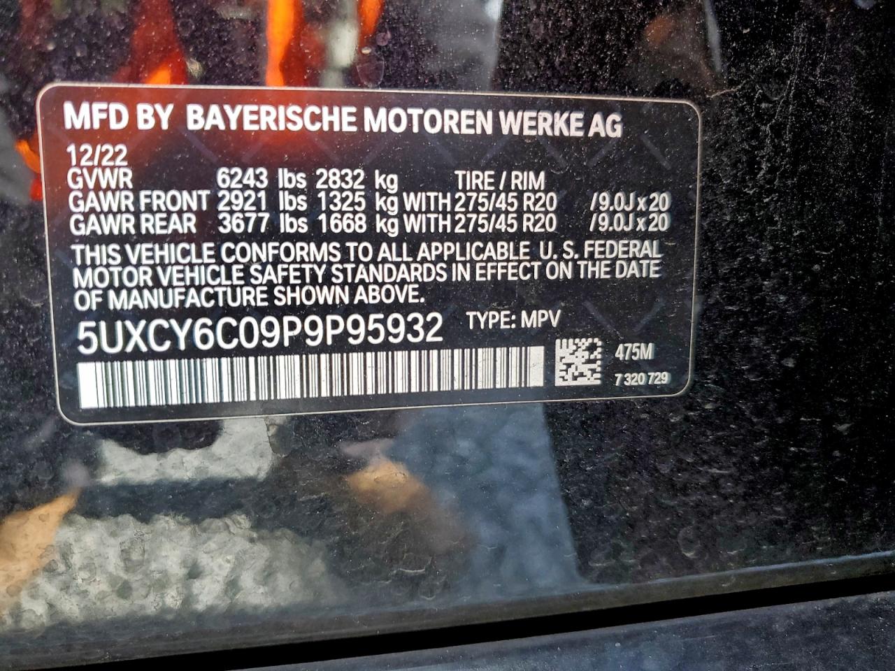 2023 BMW X6 xDrive40I VIN: 5UXCY6C09P9P95932 Lot: 94567145