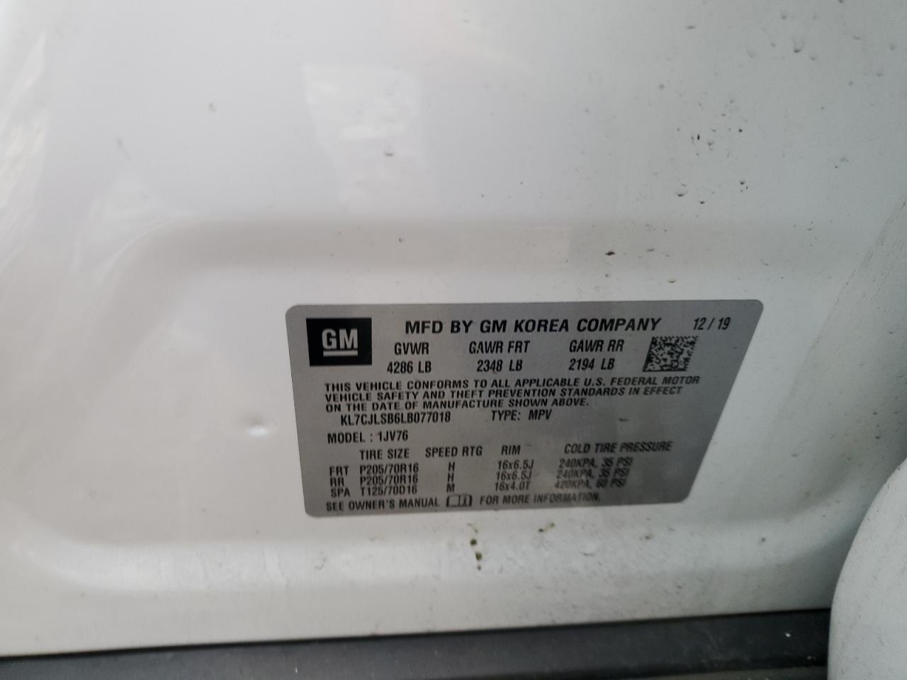 2020 Chevrolet Trax 1Lt VIN: KL7CJLSB6LB077018 Lot: 92819085