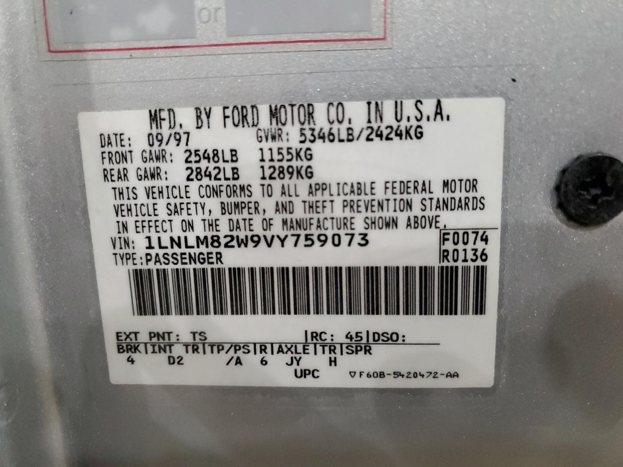 1997 Lincoln Town Car Signature VIN: 1LNLM82W9VY759073 Lot: 92061195